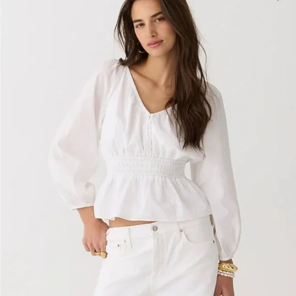 J. CREW Top Womens XS White V-Neck Smocked-Waist Top in Lightweight Cotton 2023